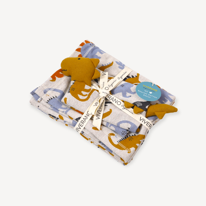 Viverano Organics - Dino Jacquard Knit Baby Blanket & Lovey Gift SET (Organic)