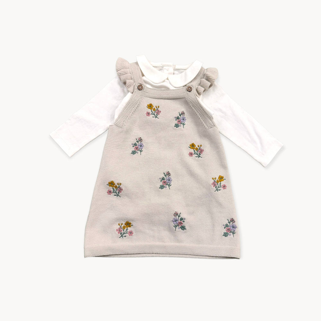 Viverano Organics - Floral Embroidered Tunic Baby Knit Dress Set (Organic): Stone